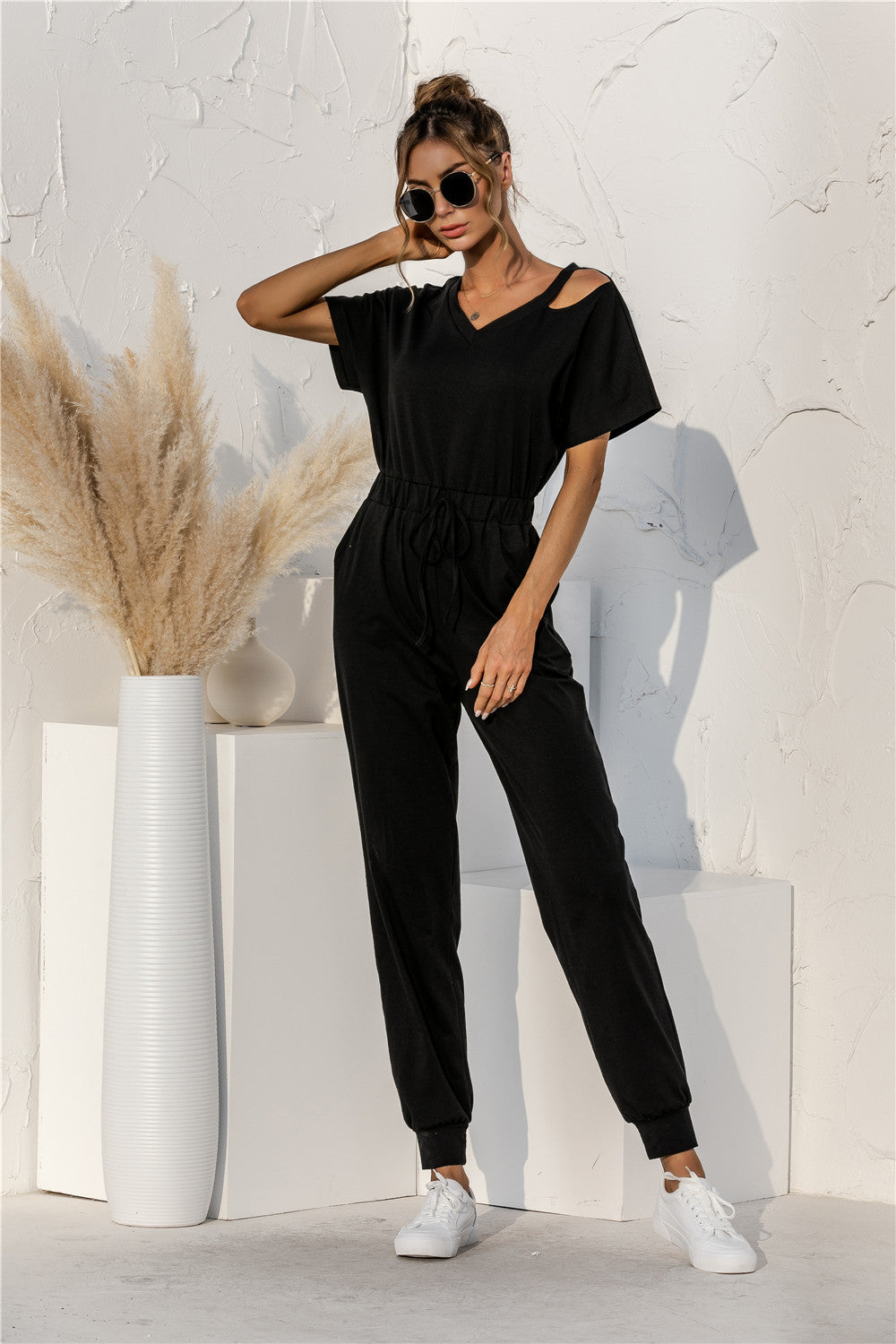 Cut Out V-neck Drawstring Jumpsuit - LOLA LUXE