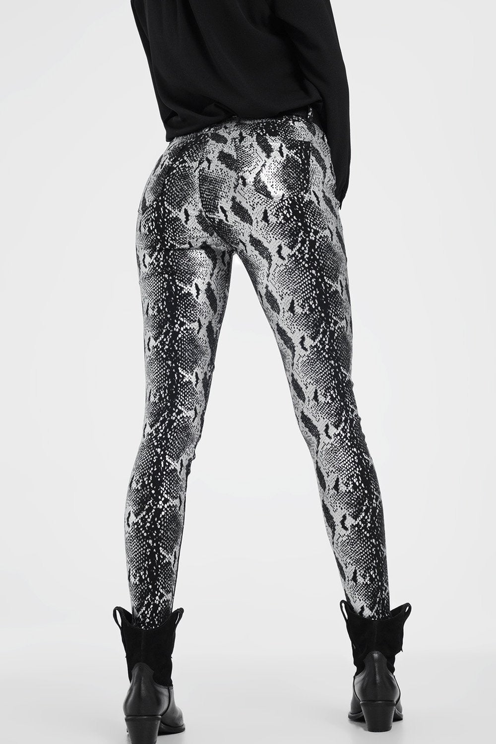 Black Skinny Shiny Printed Pants - LOLA LUXE