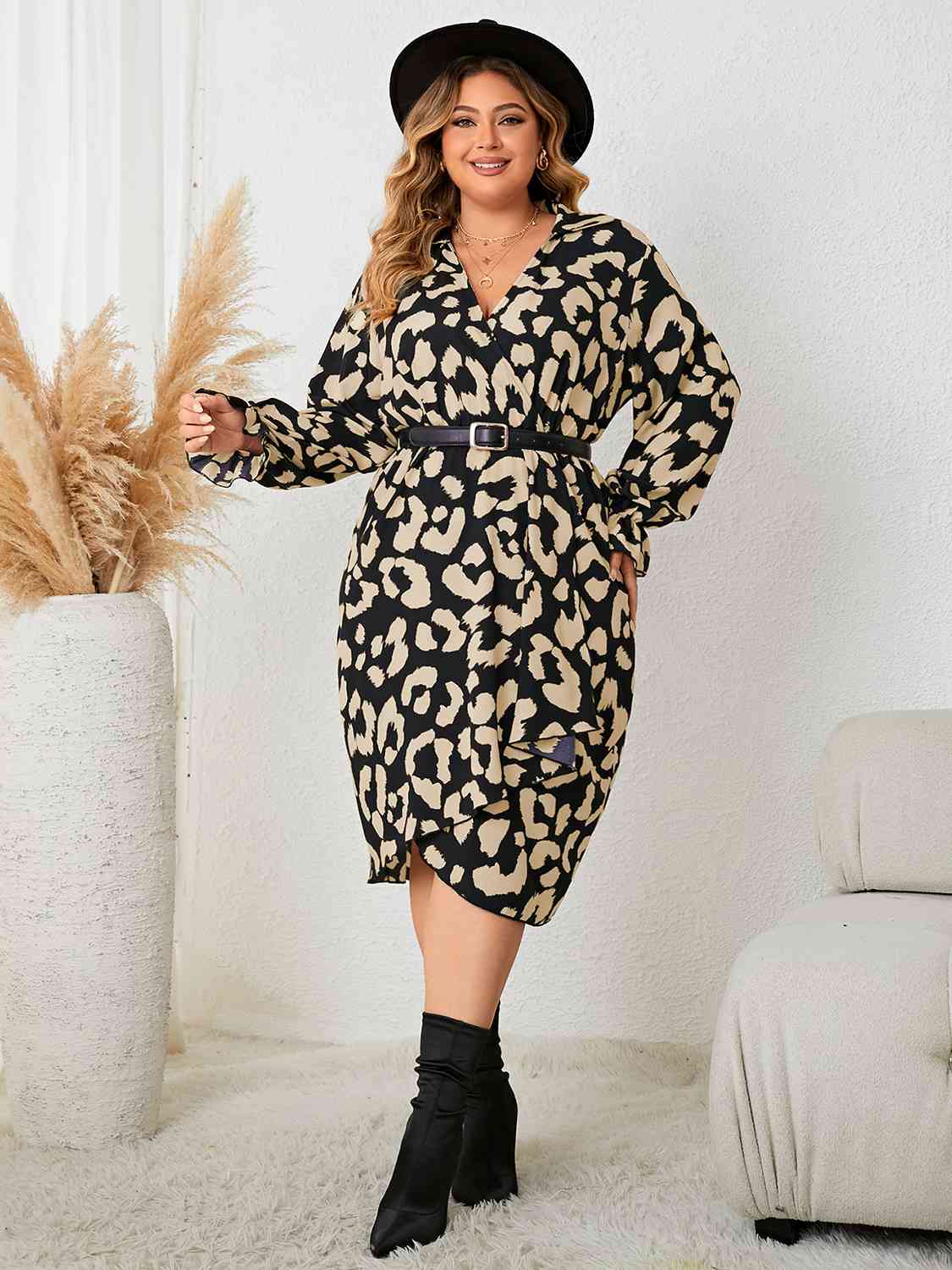 Plus Size Leopard Surplice Neck Flounce Sleeve Dress - lolaluxeshop