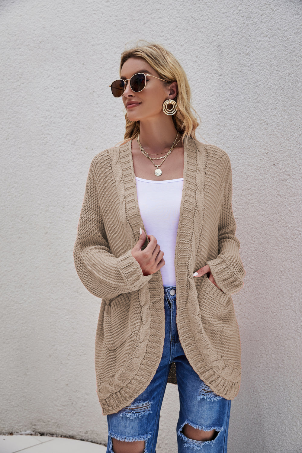 Cable-Knit Curved Hem Open Front Cardigan - LOLA LUXE
