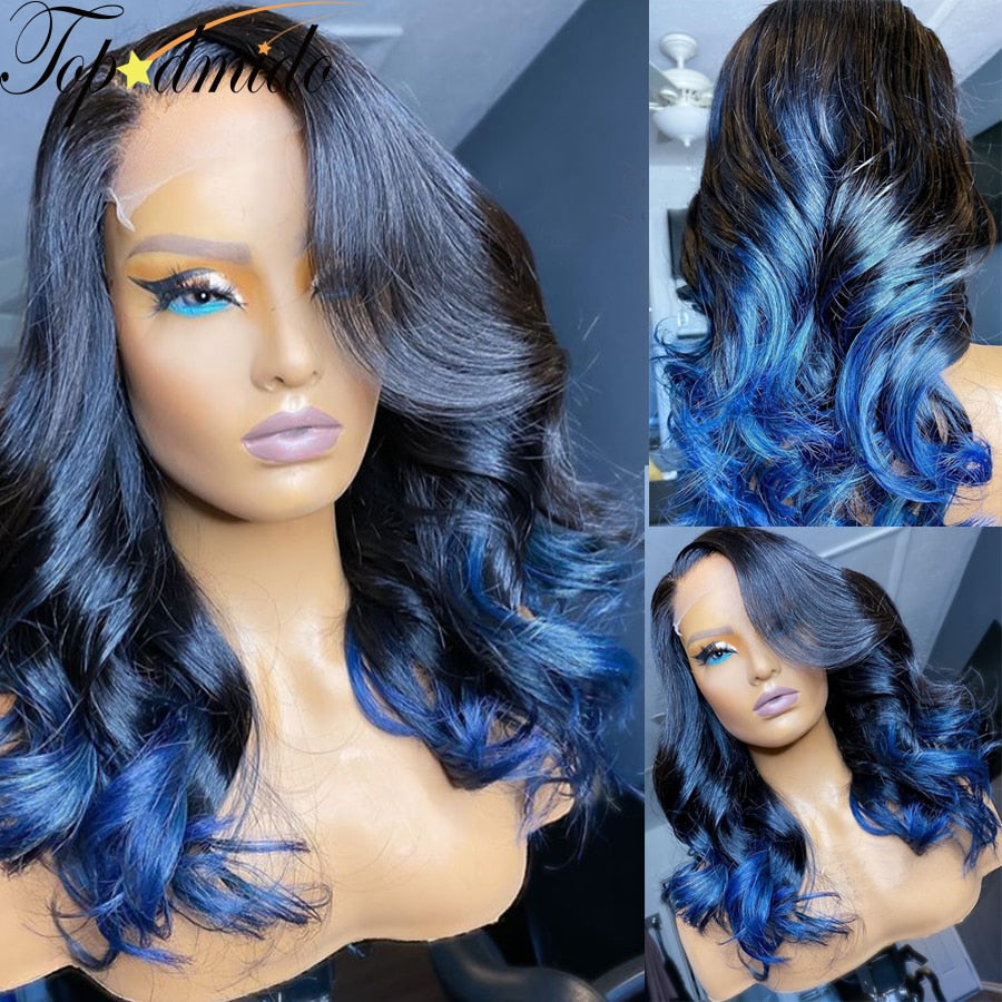 Topodmido #1B Blue Ombre Color Indian Hair Lace Front Wigs Natural Hairline Loose Wave Remy Hair 13x4 Lace Front Human Hair Wigs - LOLA LUXE