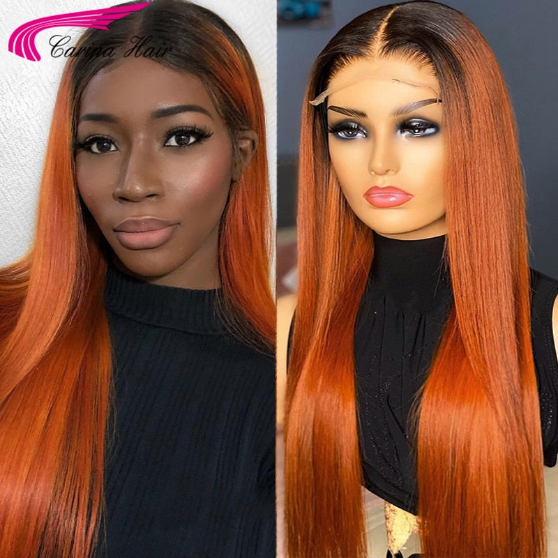 Ombre Ginger 13x4 Lace Front Human Hair Wigs For Women 180% Orange Ginger Straight Remy Brazilian Lace Front Wig Pre Plucked - LOLA LUXE